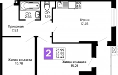Продам 2 комнатную квартиру 57.43 м2 картинка из объявления